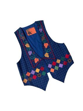 Vintage Blue Plaid Vest Fall Pumpkin Harvest Fruit Patchwork Style Handmade 90s